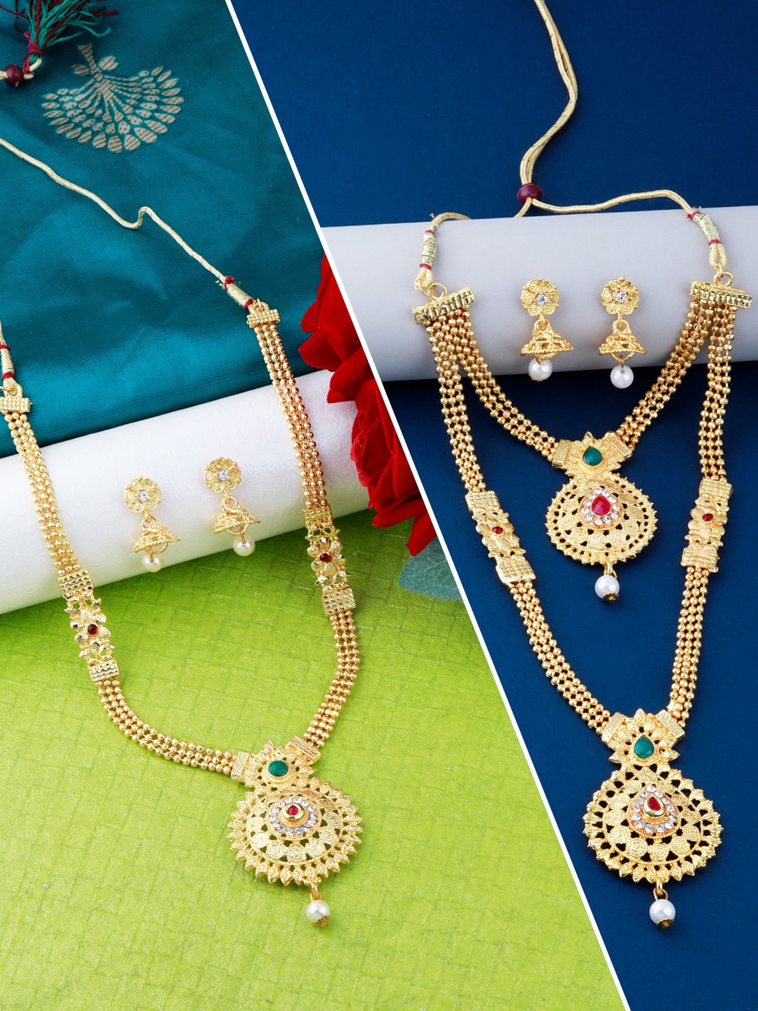 

Silver Shine Set Of 2 Red & Gold-Toned & Plated Stone-Studded Jewellery Set
