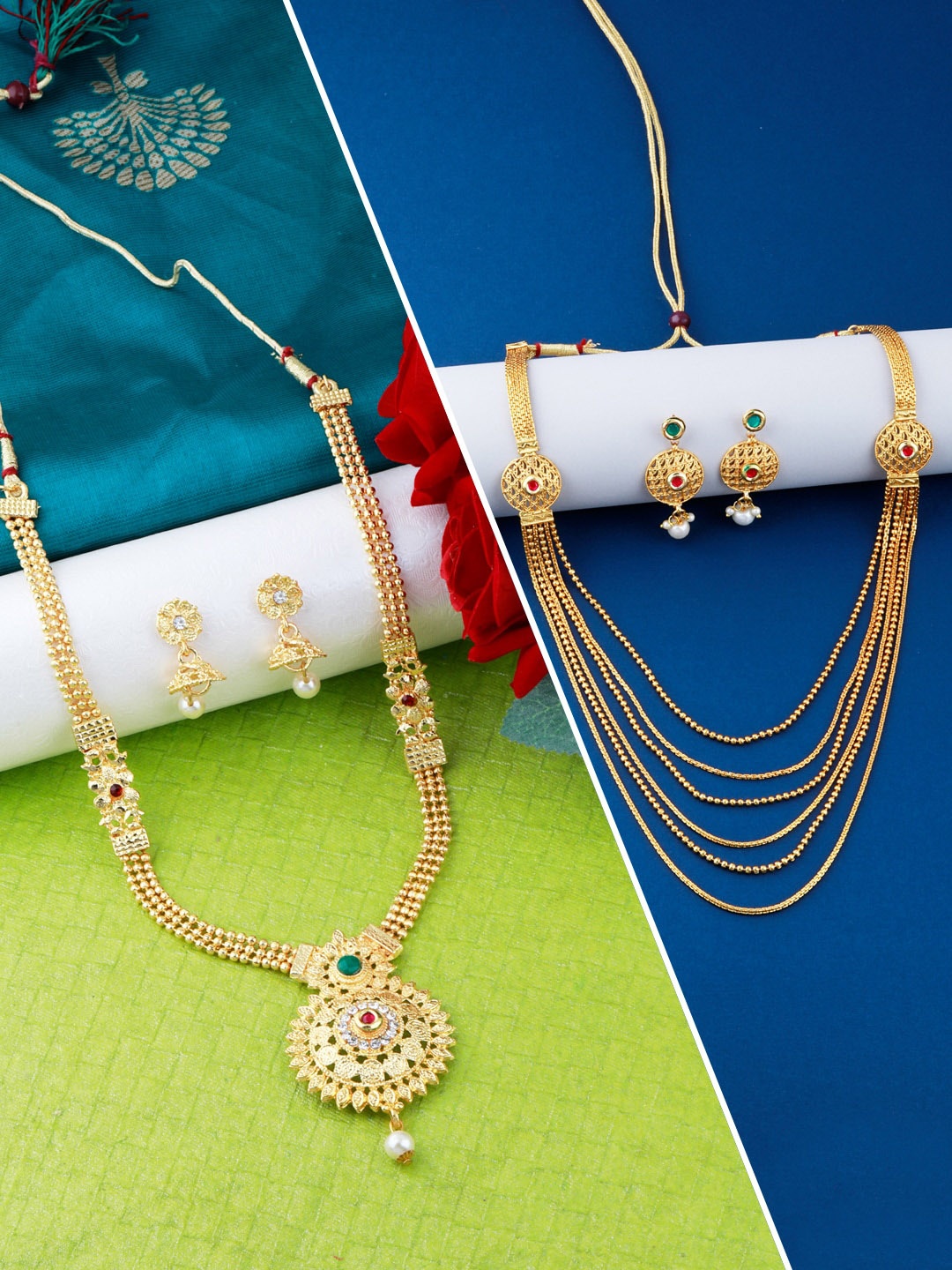 

Silver Shine Set Of 2 Red & Gold-Toned & Plated Stone-Studded Jewellery Set