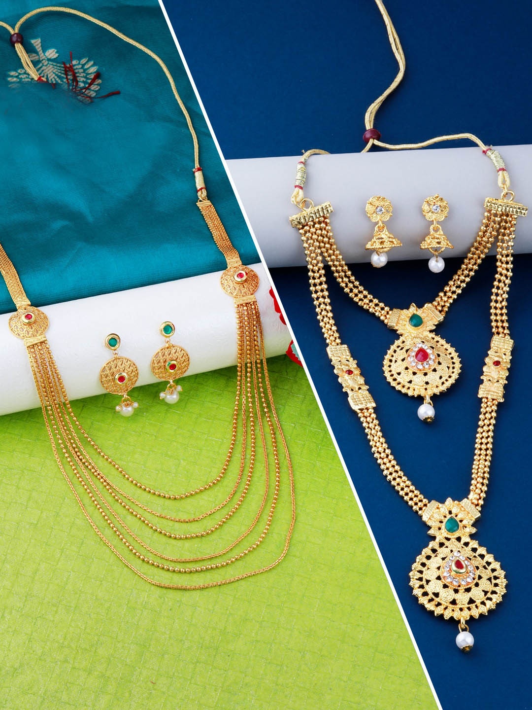 

Silver Shine Set of 2 Gold-Plated Stone Studded Layered Jewellery Set