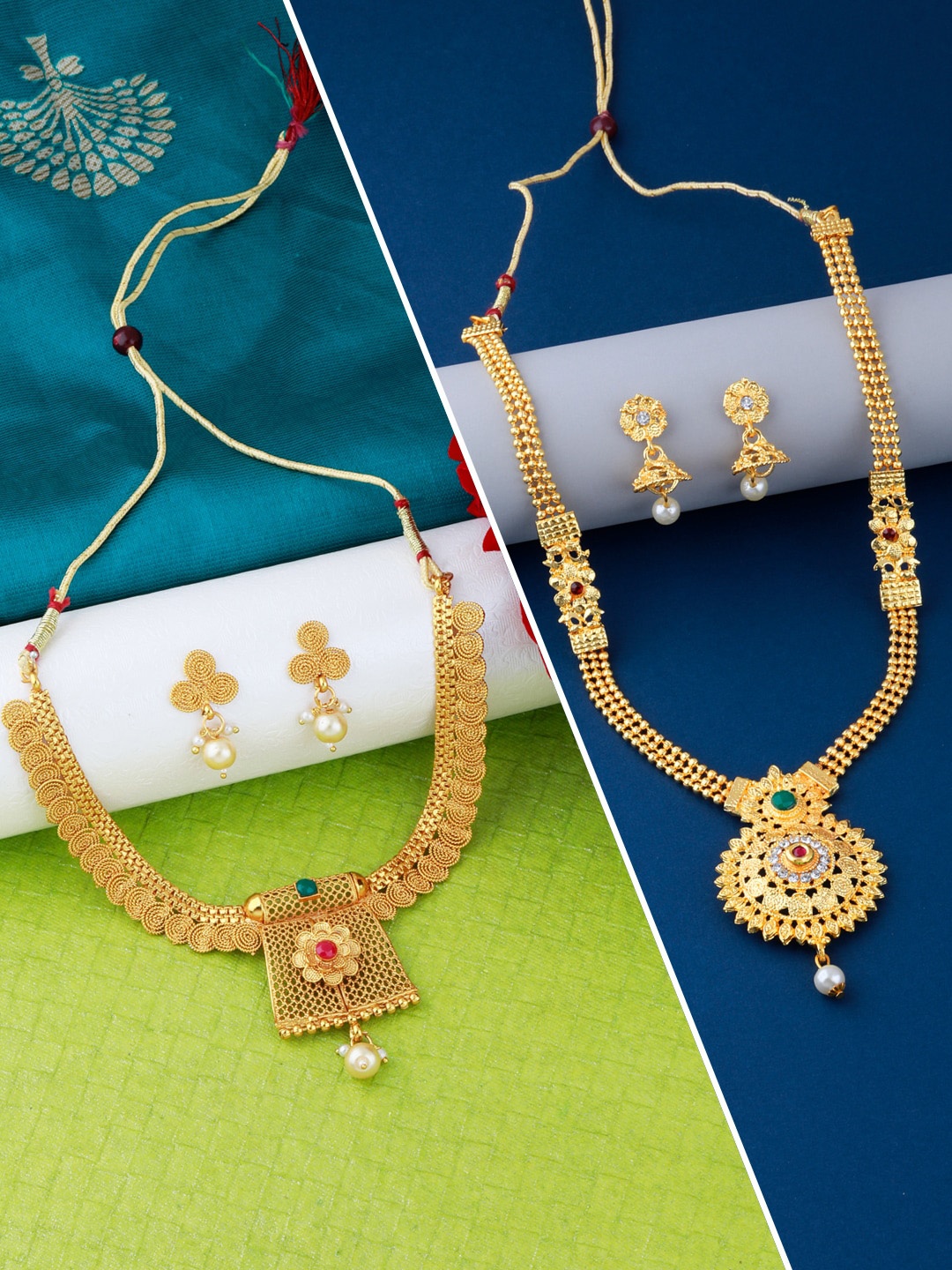 

Silver Shine Gold Stone Studed Gold Plated Long Necklace Set