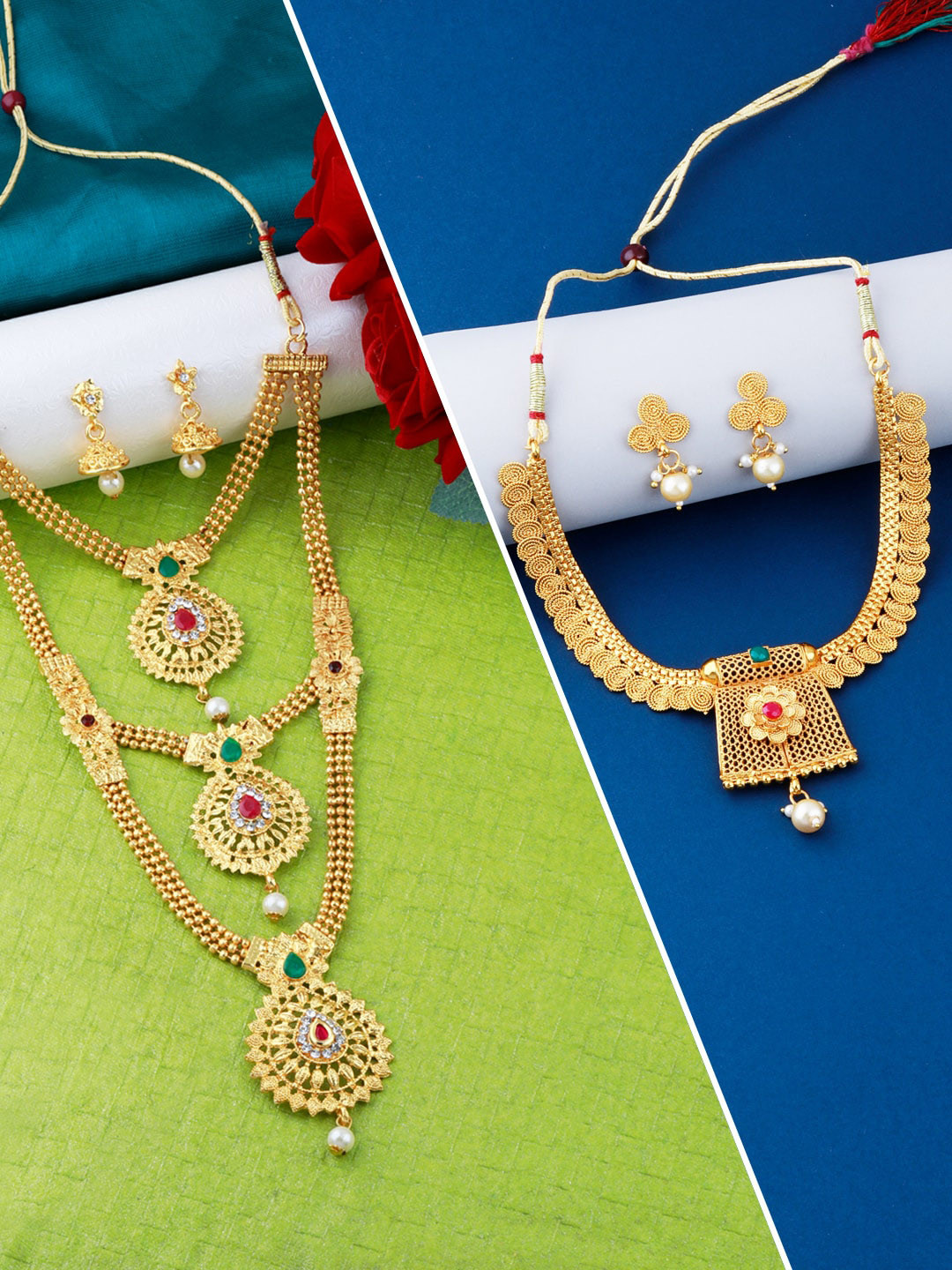 

Silver Shine Women Set of 2 Gold-Plated Red & Green AD Studded & Beaded Jewellery Set