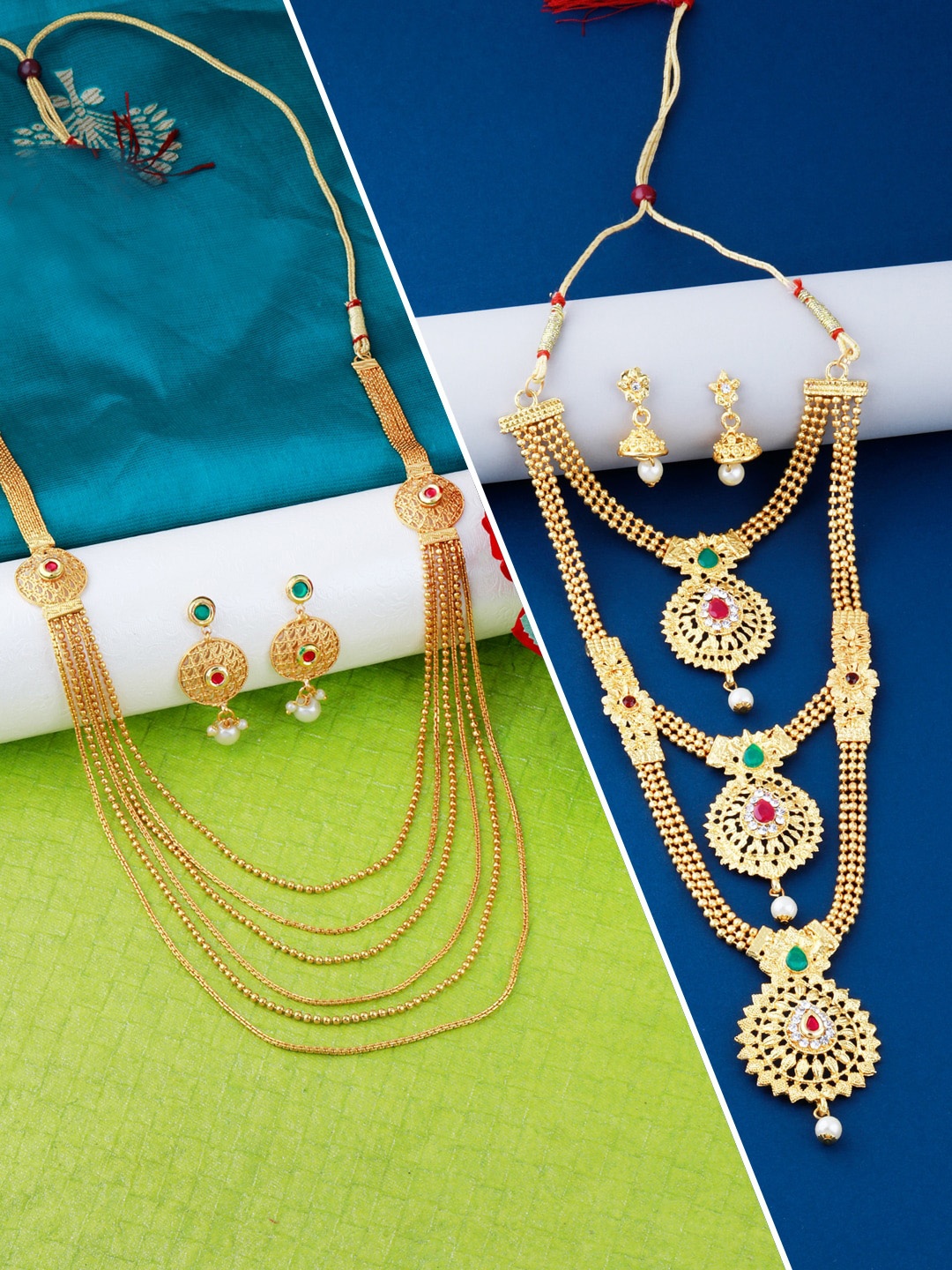 

Silver Shine Set of 2 Gold-Plated Stone Studded Layered Jewellery Set