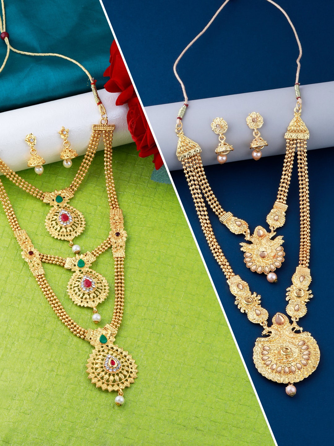 

Silver Shine Set of 2 Gold-Plated Stone Studded Layered Jewellery Set