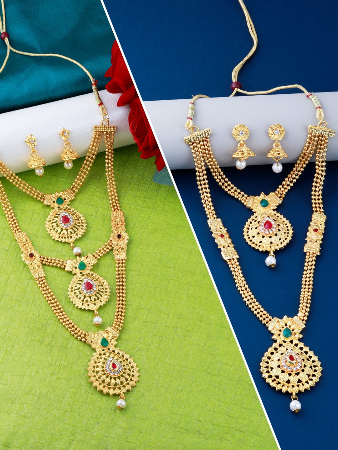 

Silver Shine Women Set of 2 Gold-Plated Red & Green AD Studded & Beaded Jewellery Set