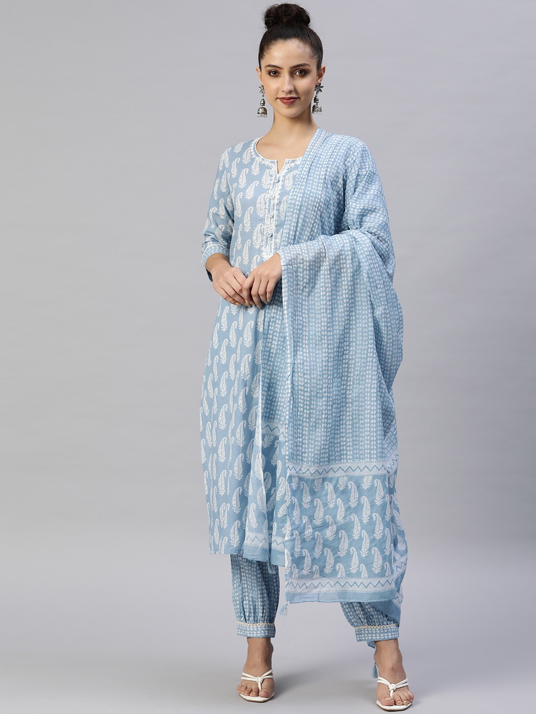 

Readiprint Fashions Women Turquoise Blue Printed Cotton Kurta with Salwar & Dupatta
