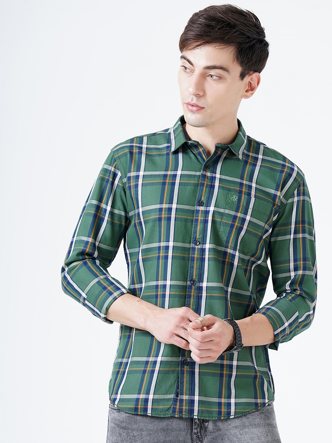 

SORATIA Men Green Slim Fit Tartan Checked Cotton Casual Shirt
