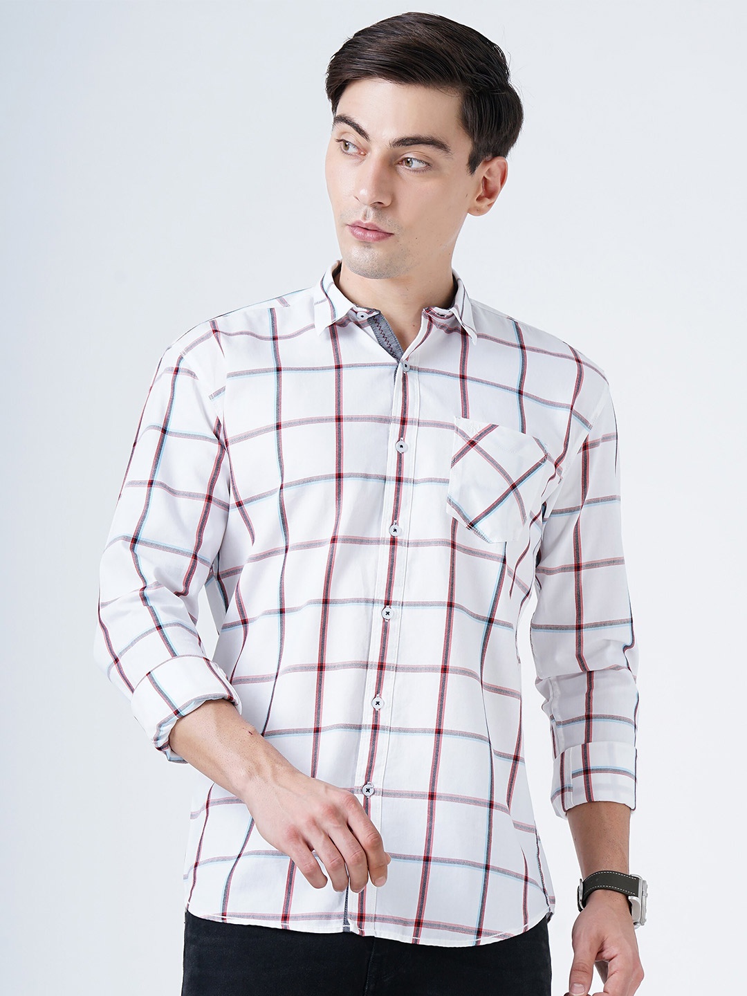 

SORATIA Men White Slim Fit Windowpane Checks Checked Casual Shirt