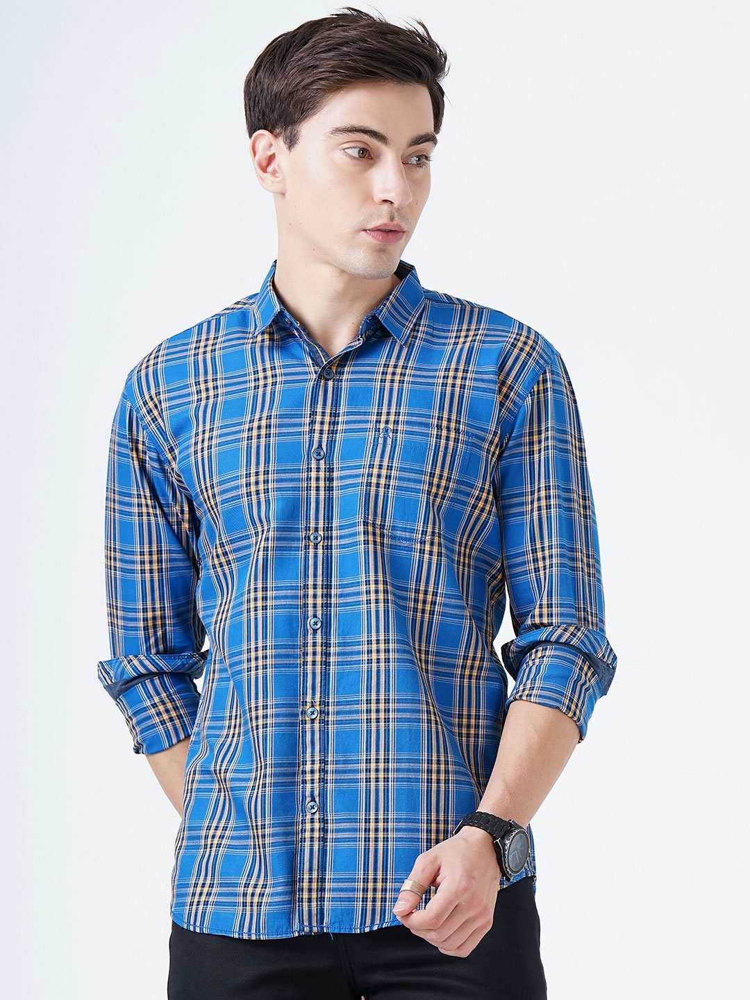 

SORATIA Men Blue Slim Fit Tartan Checks Checked Casual Shirt