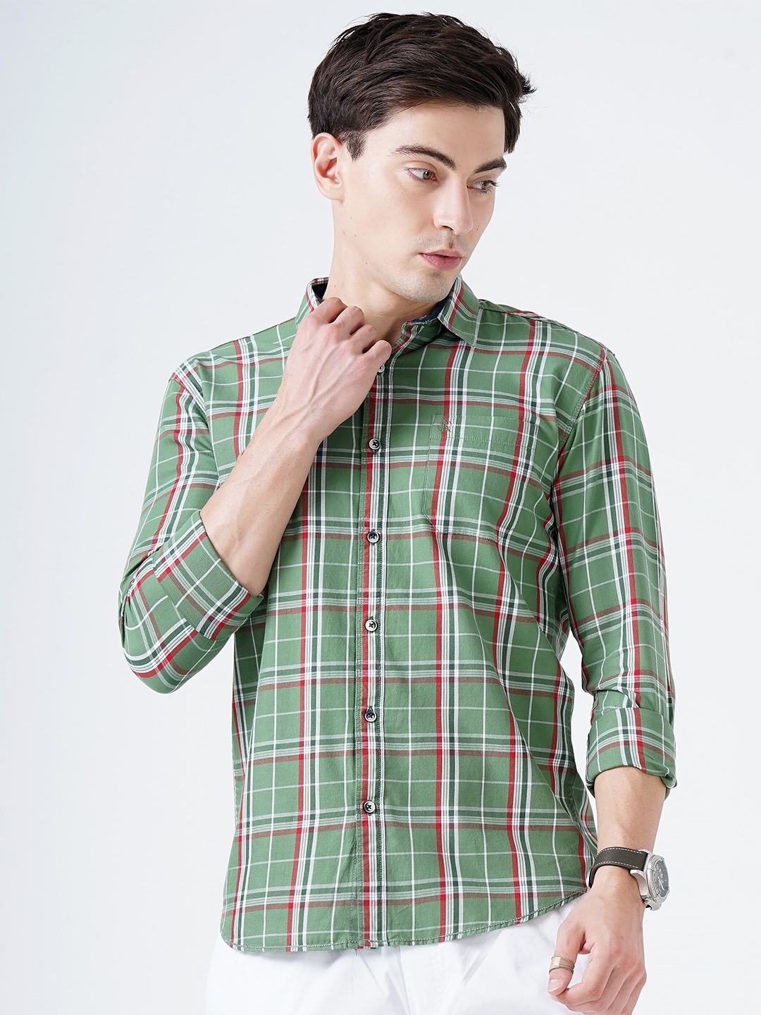 

SORATIA Men Light Green Slim Fit Tartan Checks Casual Shirt