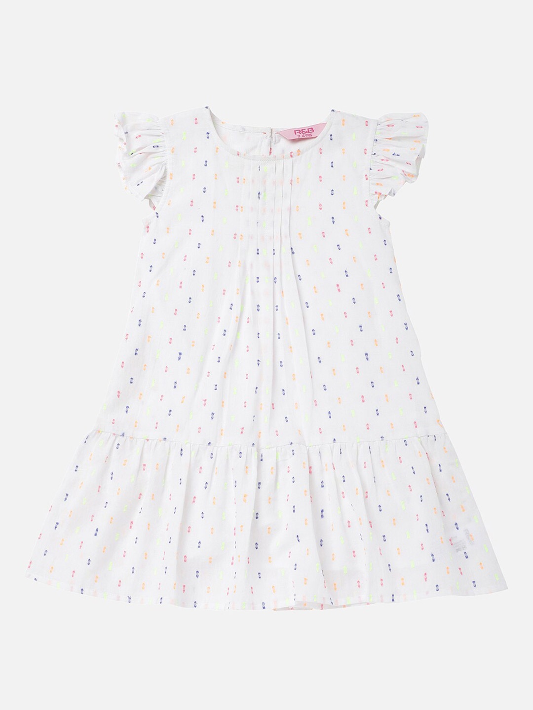 

R&B Girls White Flutter Sleeves Cotton A-Line Dress