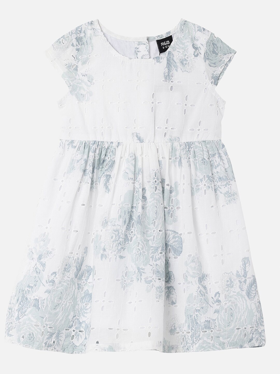 

R&B Girls White & Grey Floral Schiffli Cotton Fit & Flare Dress