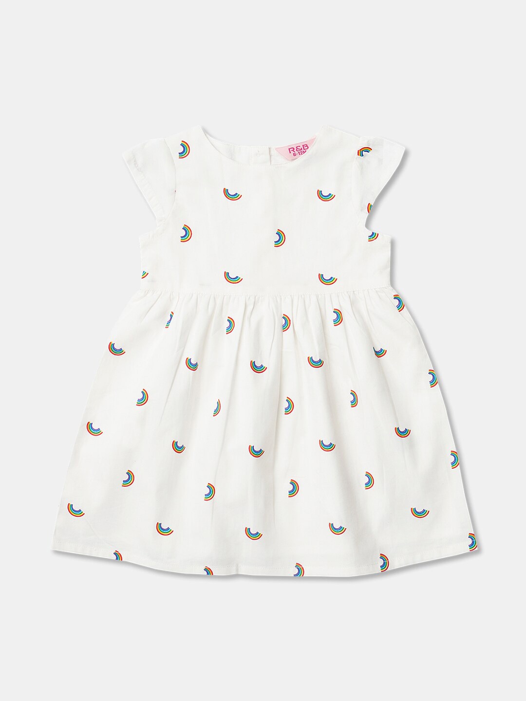 

R&B Girls White Conversational Printed Cap Sleeves Cotton Fit & Flare Dress