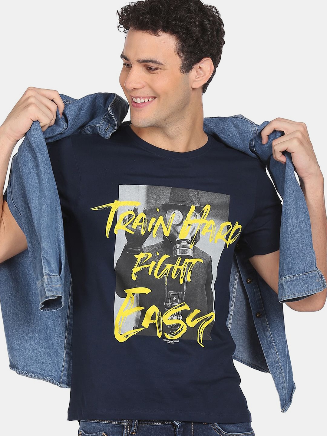 Flying Machine Men Blue & Yellow Typography Printed Cotton T-shirt