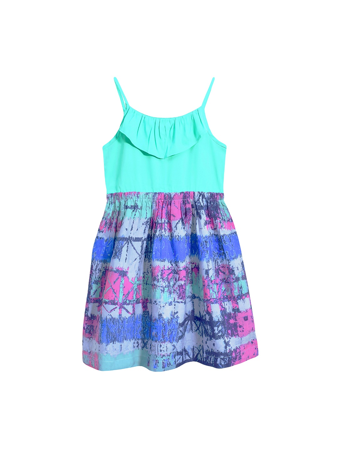 

CACA CINA Girls Green & Blue Printed Fit and Flare Dress