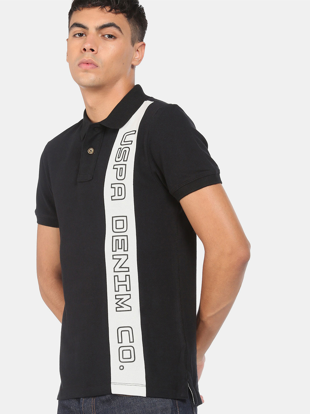 

U.S. Polo Assn. Denim Co.Men Black & White Typography Polo Collar T-shirt
