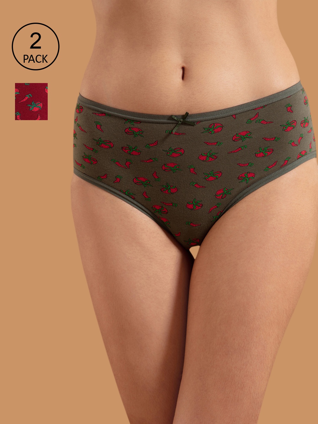 

Nykd Women Pack Of 2 Printed Pure Cotton Hipster Briefs, Green