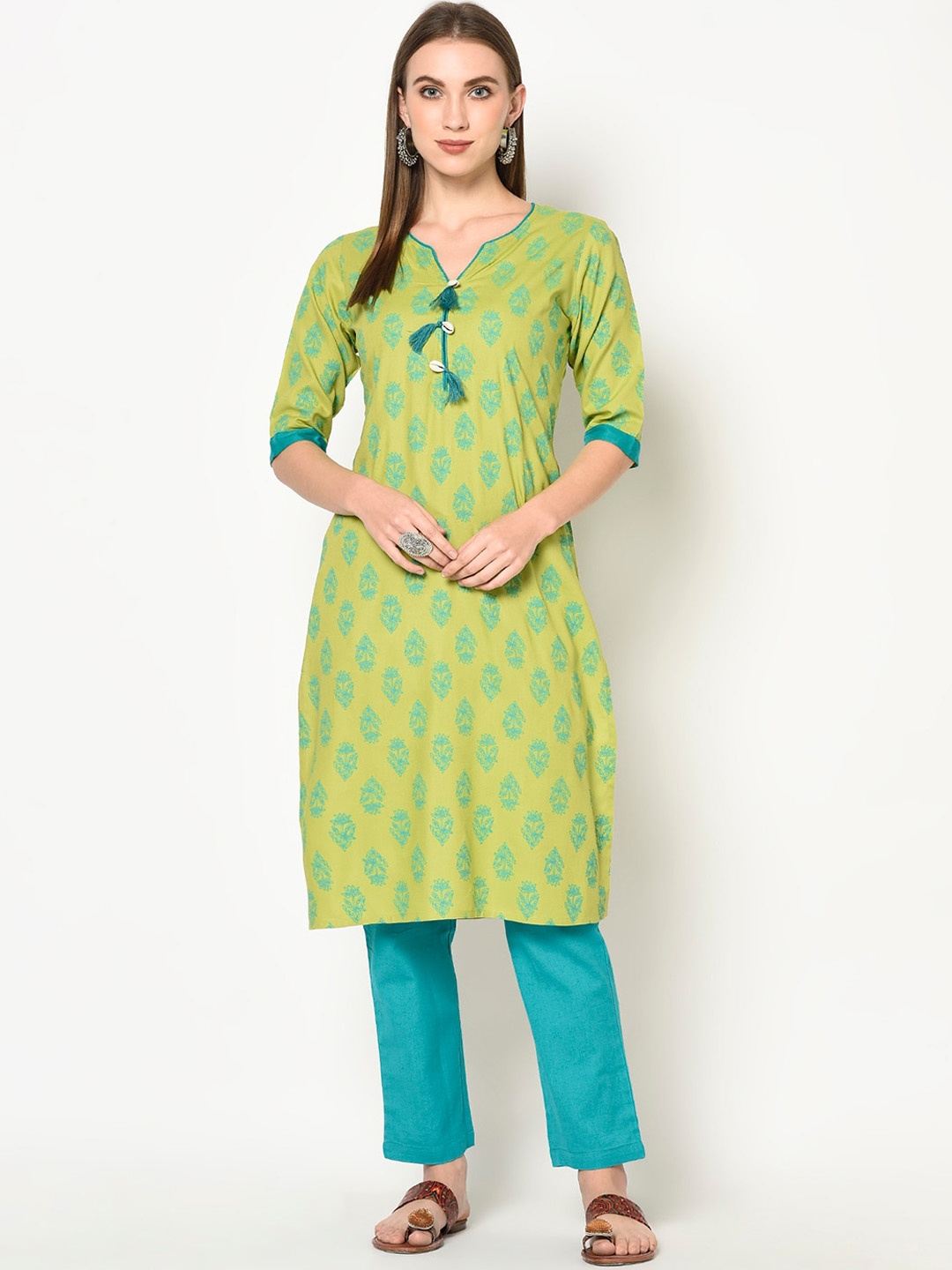 

ERISHA Women Lime Green Ethnic Motifs Printed Thread Work Floral Kurta