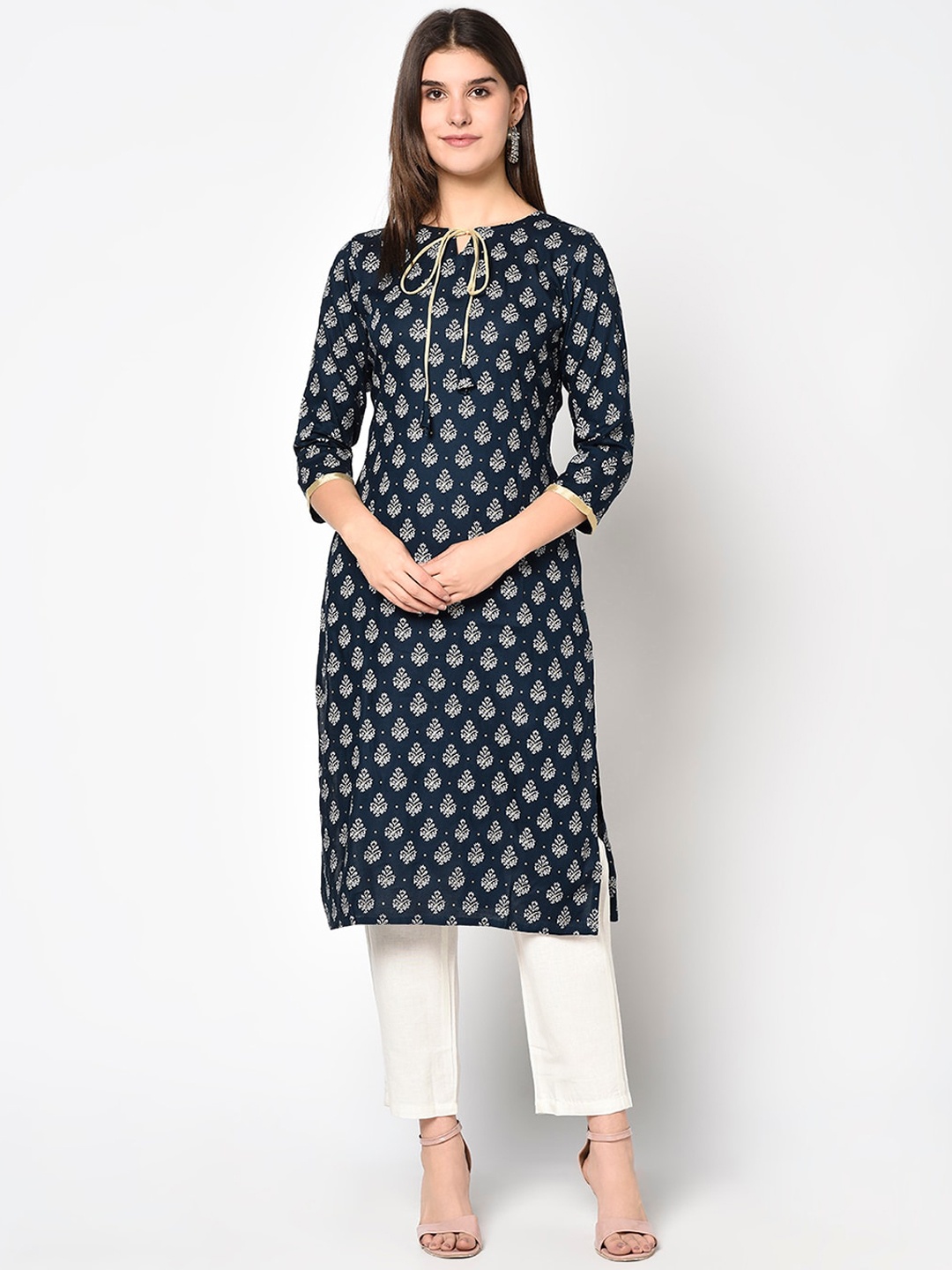 

ERISHA Women Blue & White Ethnic Motifs Keyhole Neck Floral Kurta