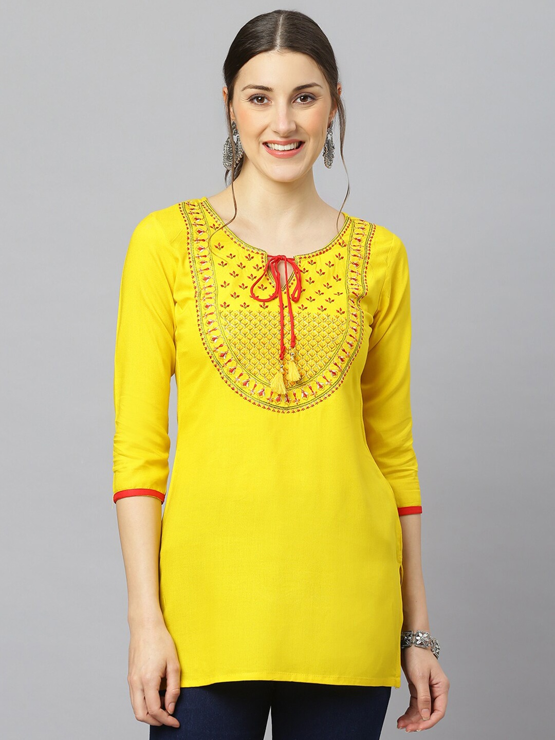 

FASHION DEPTH Yellow Tie-Up Neck Embroidered Top