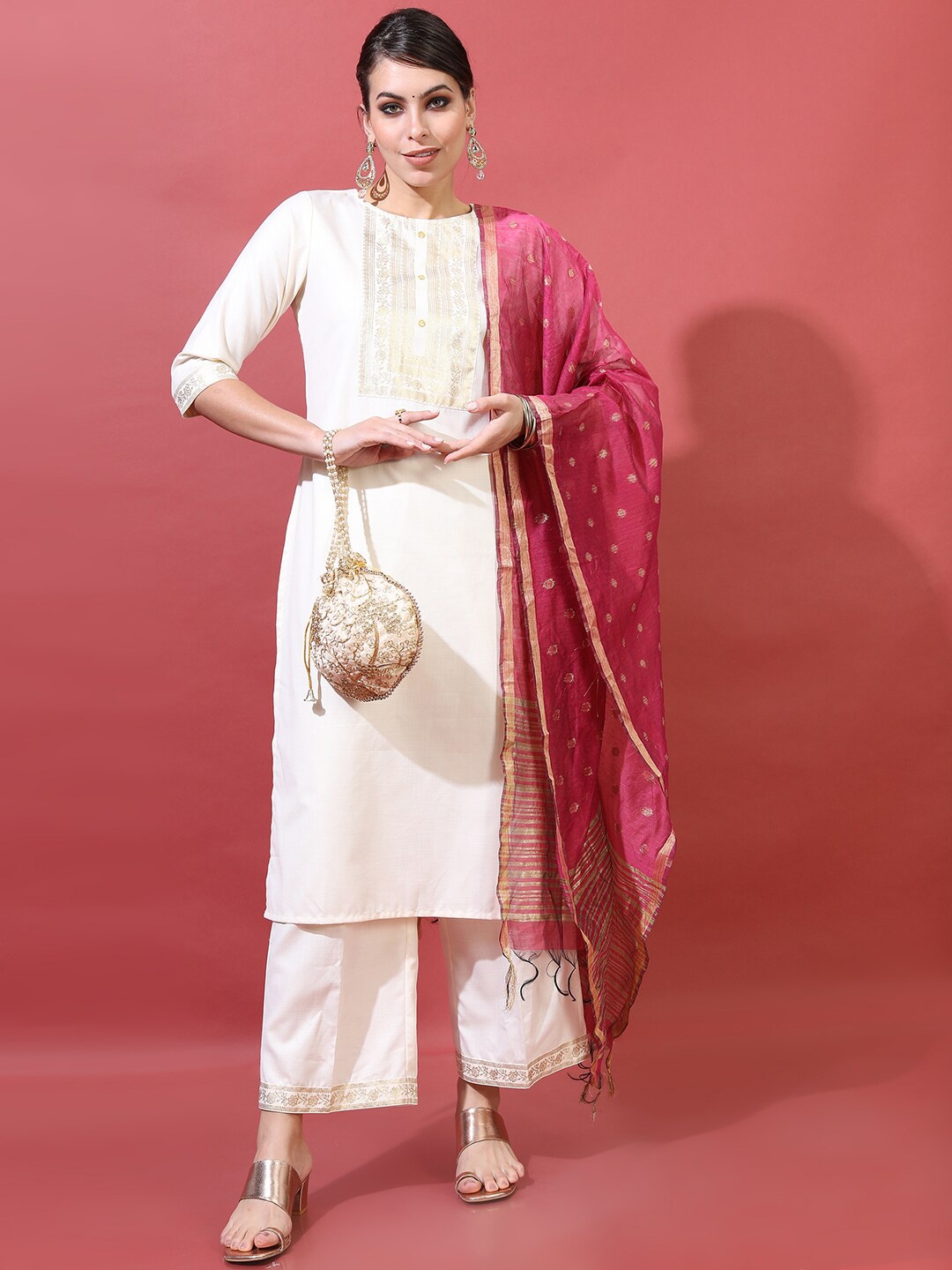 

Vishudh Women Cream Printed Straight Kurta with Trousers & Dupatta