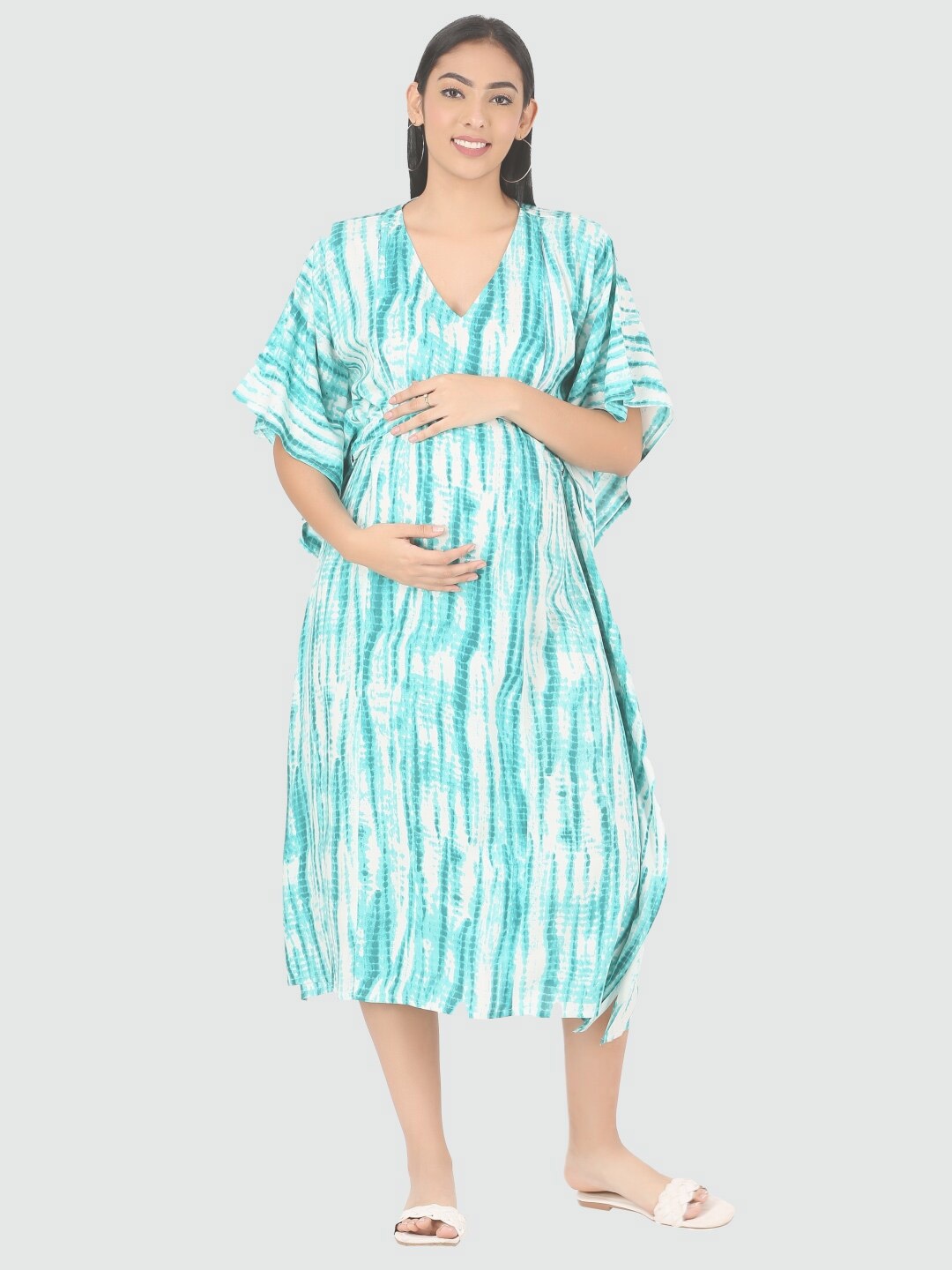 

MYLO ESSENTIALS Green Tie and Dye Dyed Maternity Kaftan Midi Dress