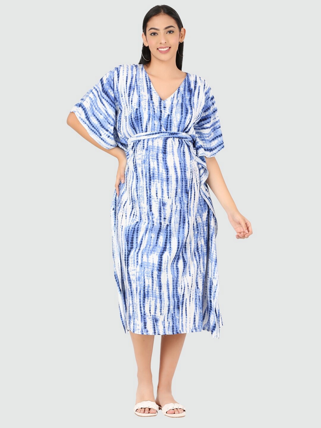 

MYLO ESSENTIALS Navy Blue & White Tie and Dye Dyed Maternity Kaftan Midi Dress