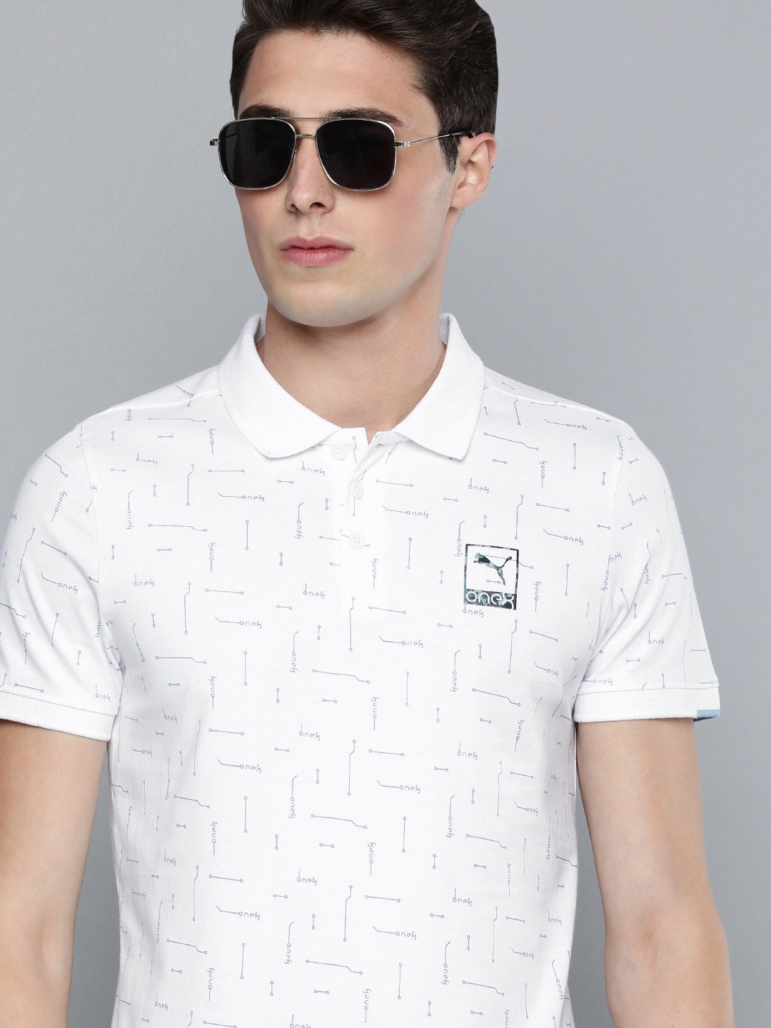 one8 x PUMA Brand Logo Printed Polo Collar Pure Cotton Slim Fit T-shirt, White