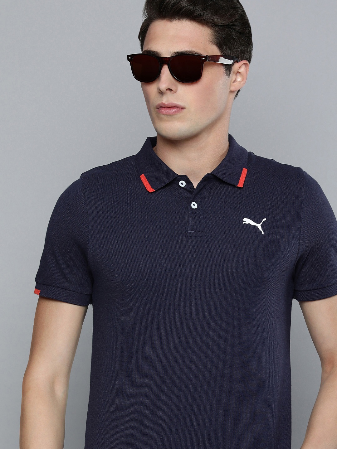 

one8 x PUMA Men Navy Blue Polo Collar Slim Fit T-shirt