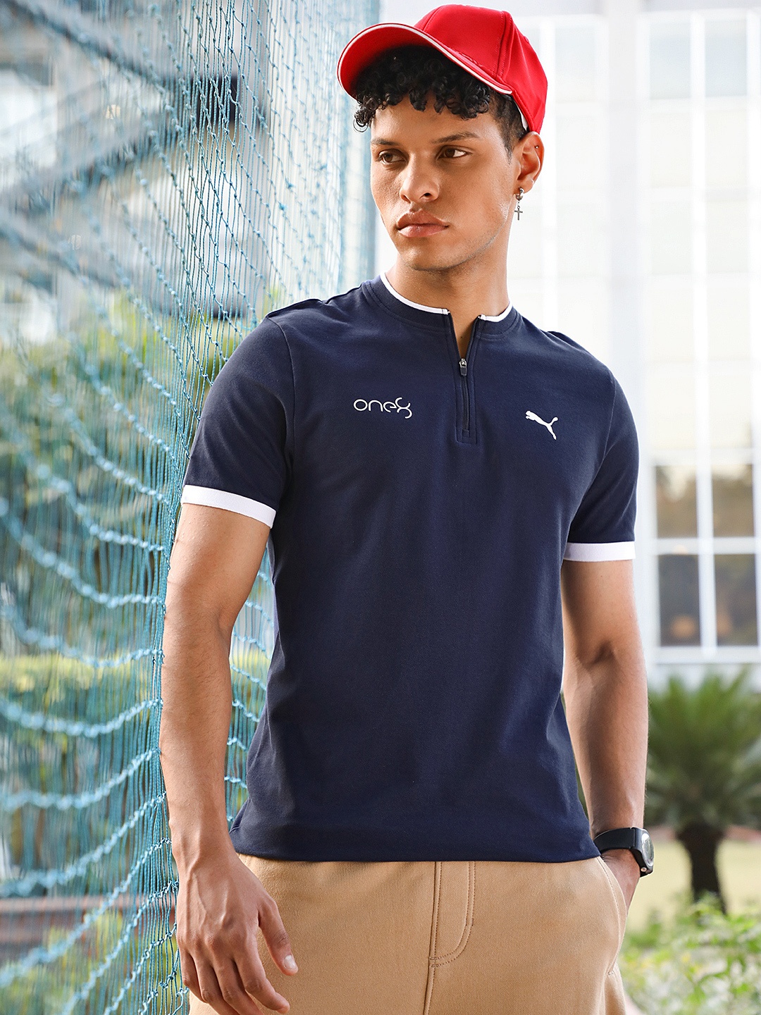 

one8 x PUMA Men Navy Blue Brand Logo Printed Polo Collar Slim Fit T-shirt
