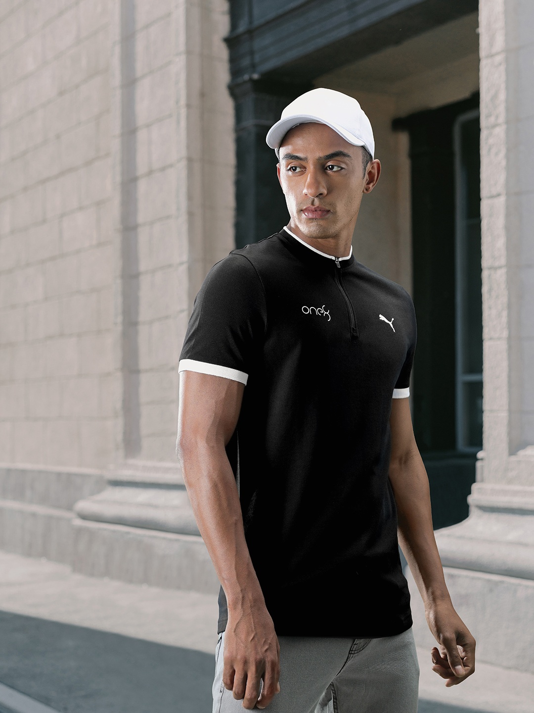 

one8 x PUMA Men Slim Fit Brand Logo Printed Henley Neck T-shirt, Black