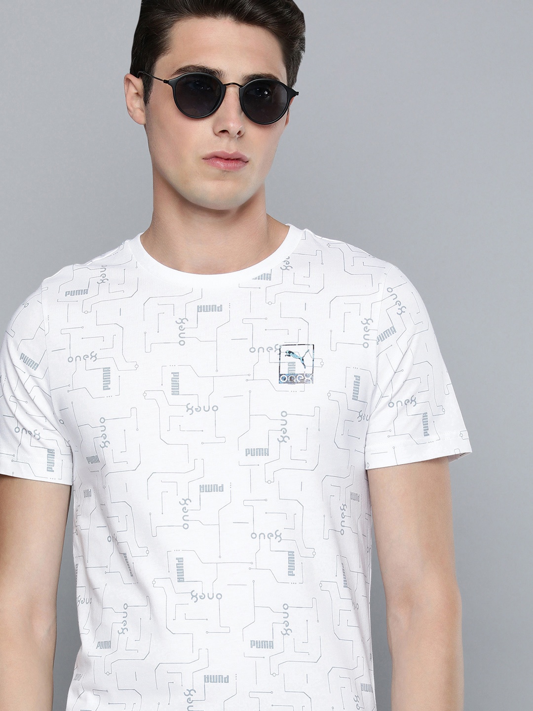 one8 x PUMA Men White & Blue Brand Logo Printed Pure Cotton Slim Fit T-shirt