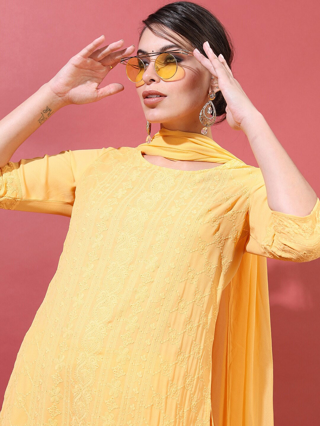 

Vishudh Women Mustard Yellow Floral Embroidered Kurta with Palazzos & With Dupatta