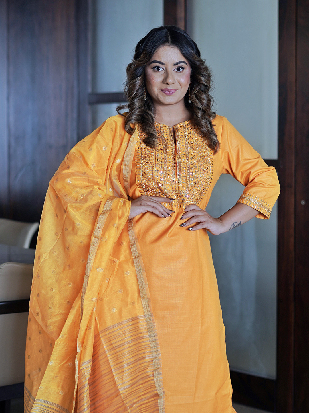 

Vishudh Women Yellow Embroidered Kurta with Trousers & With Dupatta