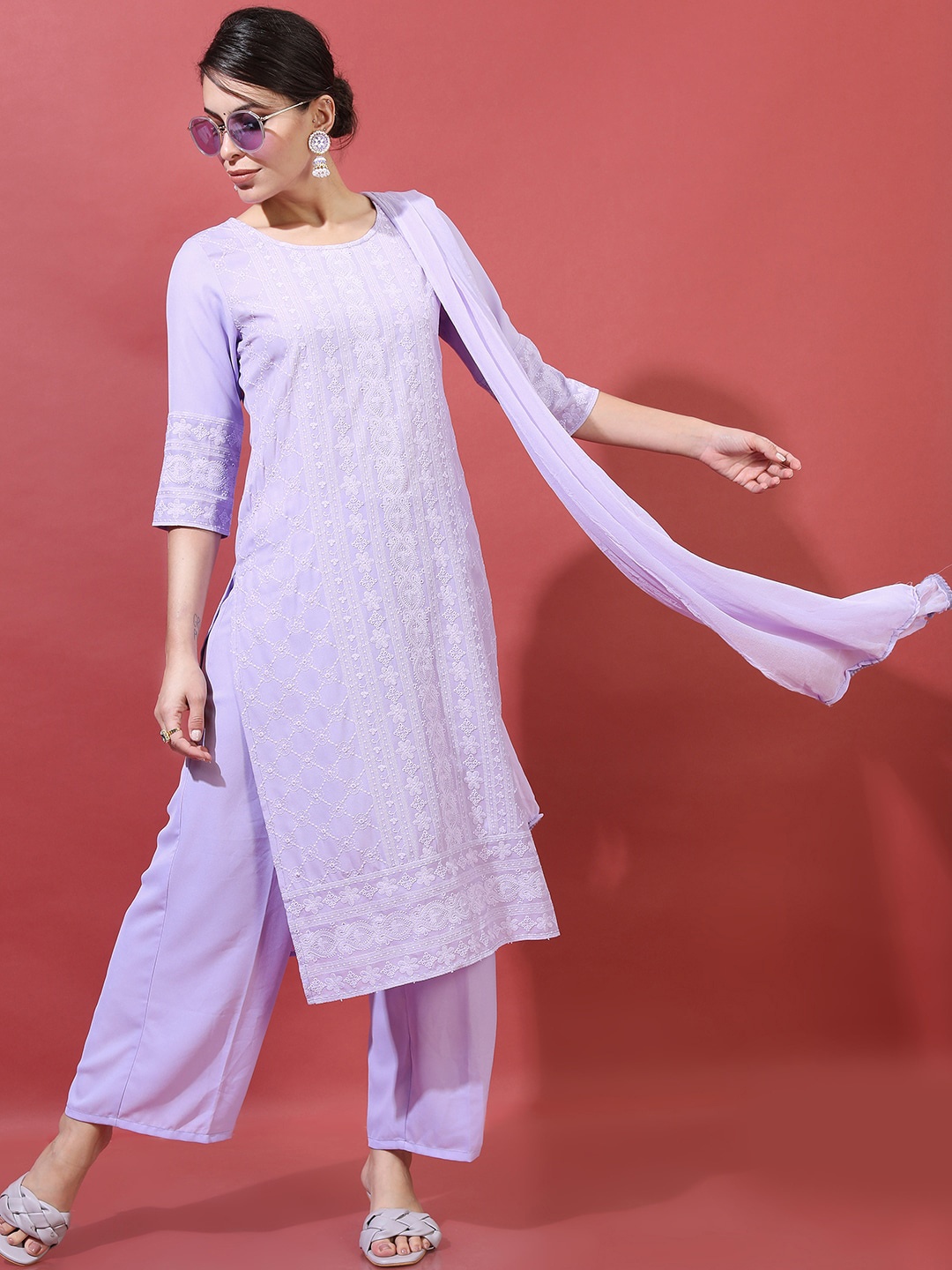 

Vishudh Women Mauve Embroidered Chikankari Kurta with Palazzos & With Dupatta