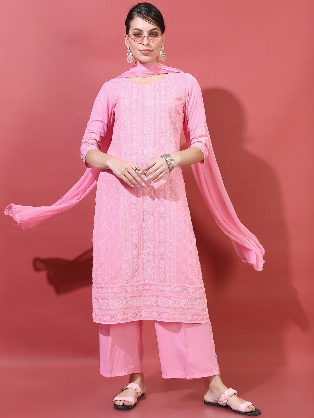 

Vishudh Women Pink Floral Embroidered Kurta with Trousers & With Dupatta