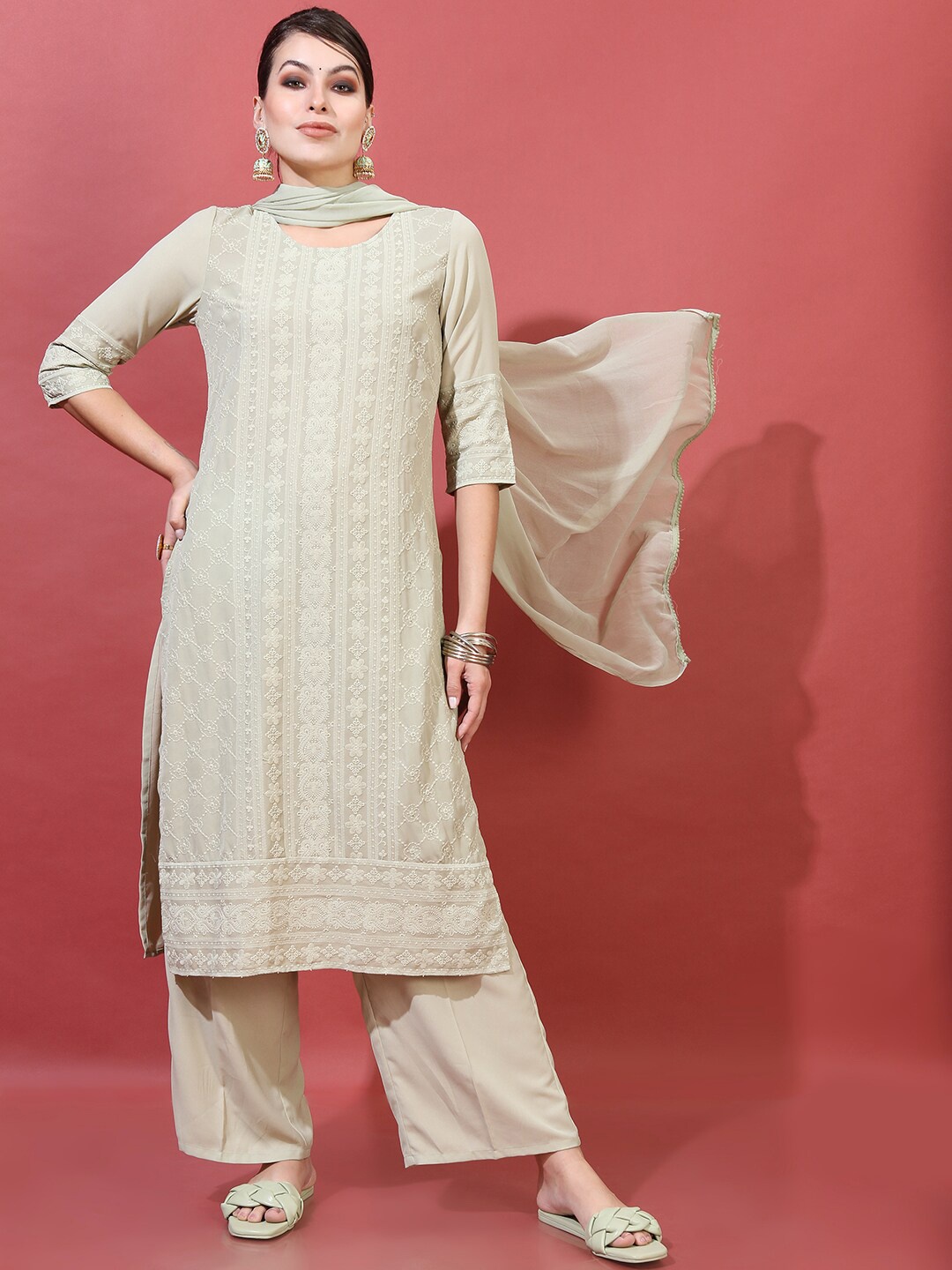 

Vishudh Women Green Embroidered Kurta with Palazzos & With Dupatta