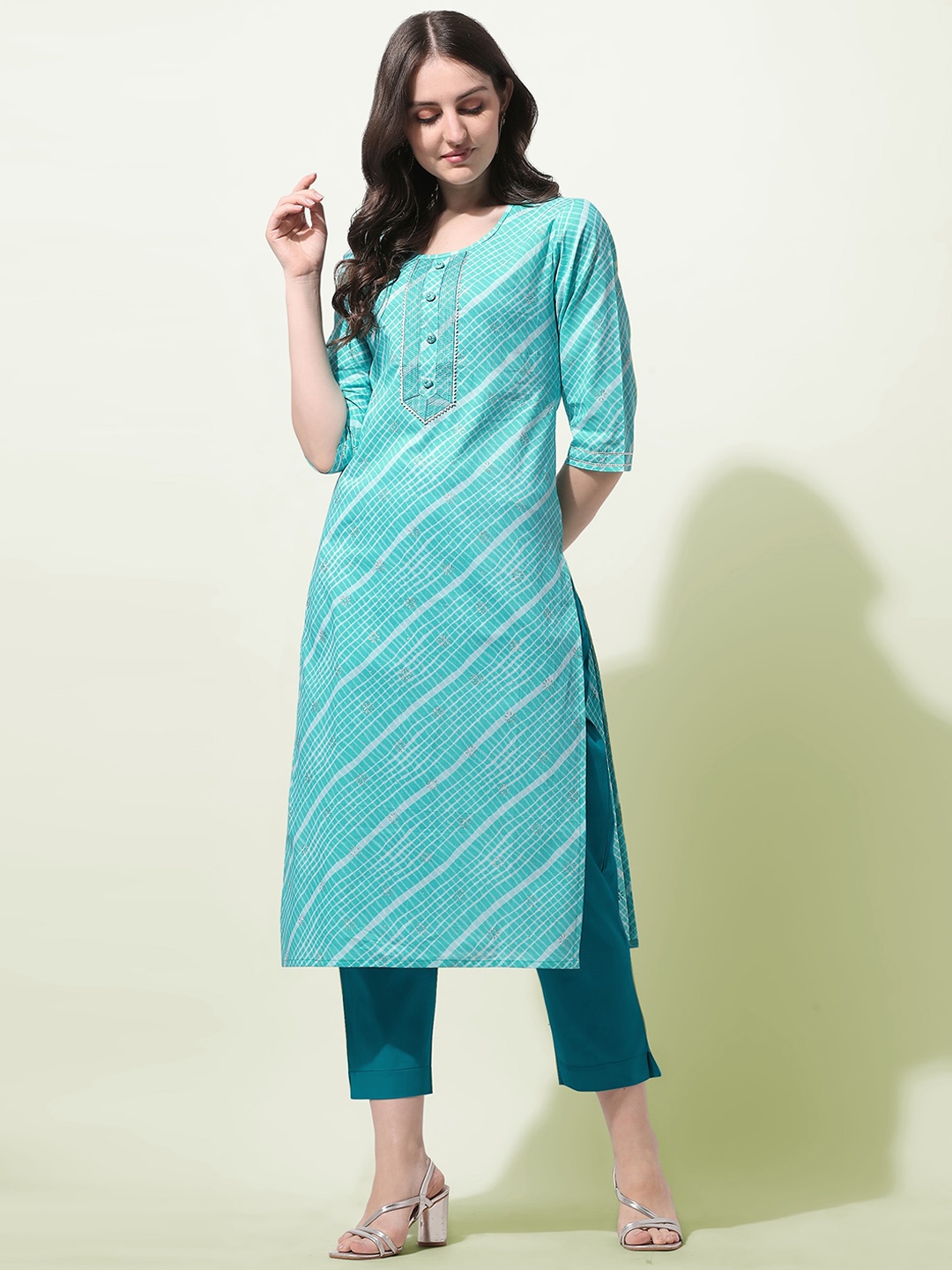 

KALINI Women Plus Size Turquoise Blue & White Striped Straight Kurta