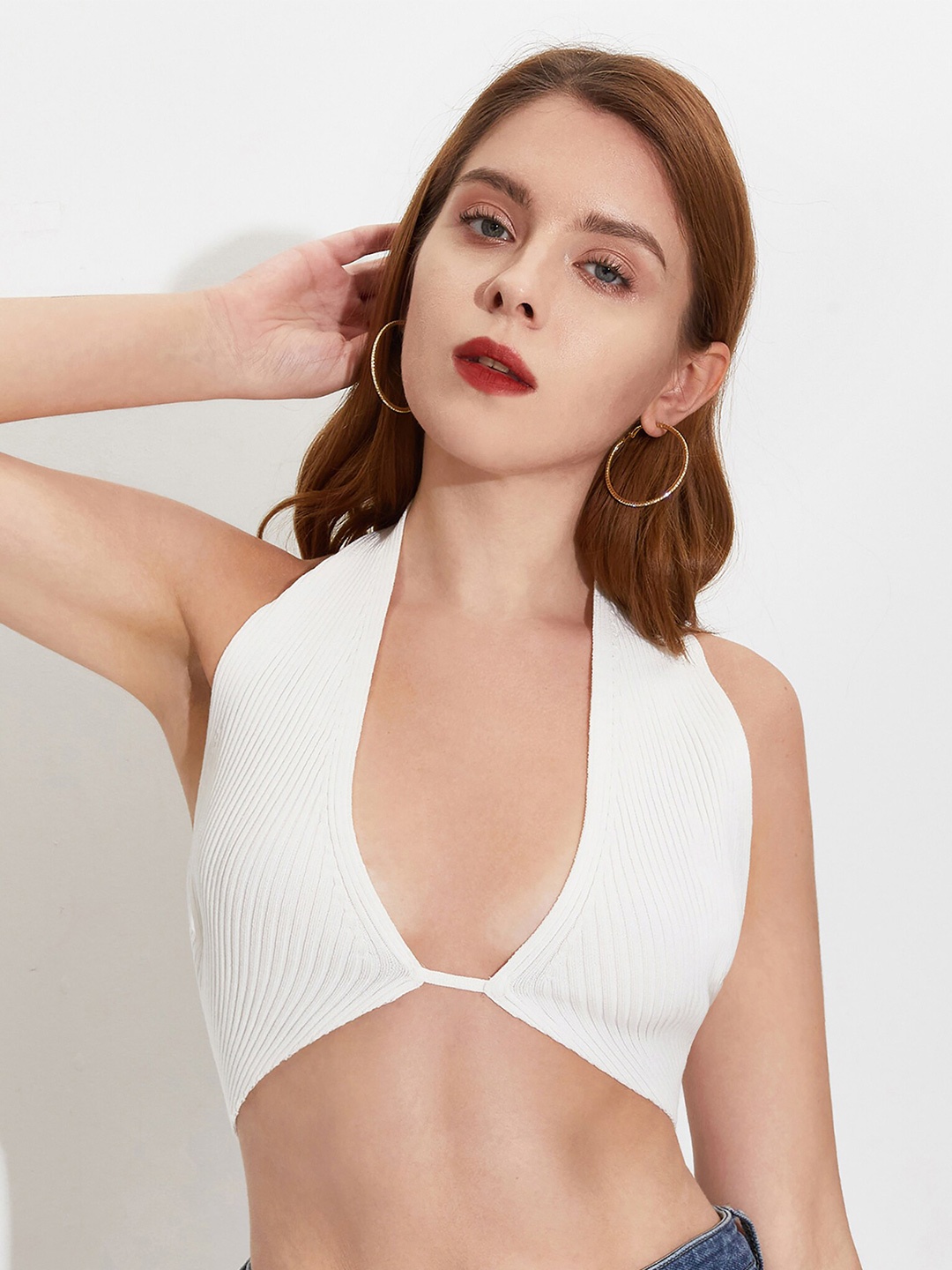 

URBANIC White Halter Neck Tank Crop Top