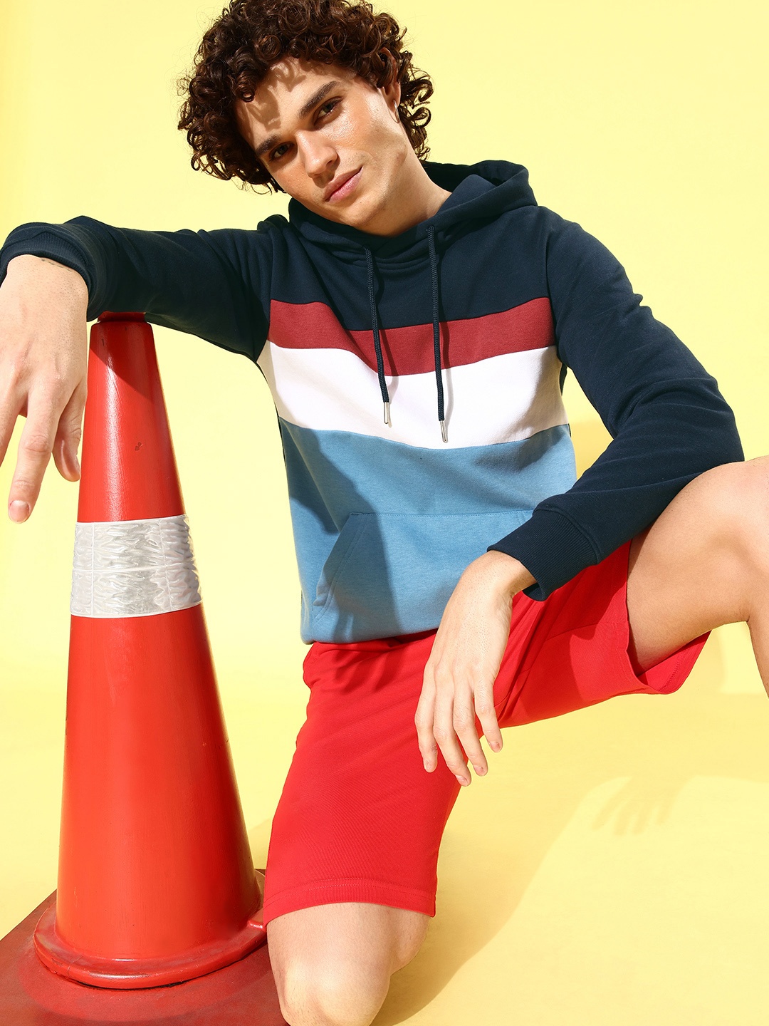 

Mast & Harbour Men Navy Blue Colourblocked Hooded Sweatshirt