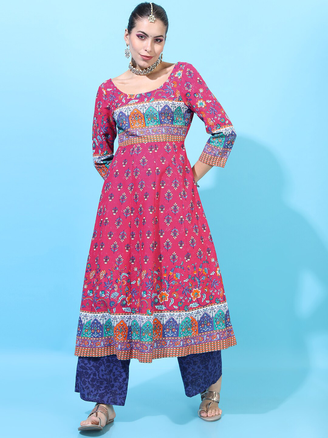 

Vishudh Women Pink Floral A-Line Kurta