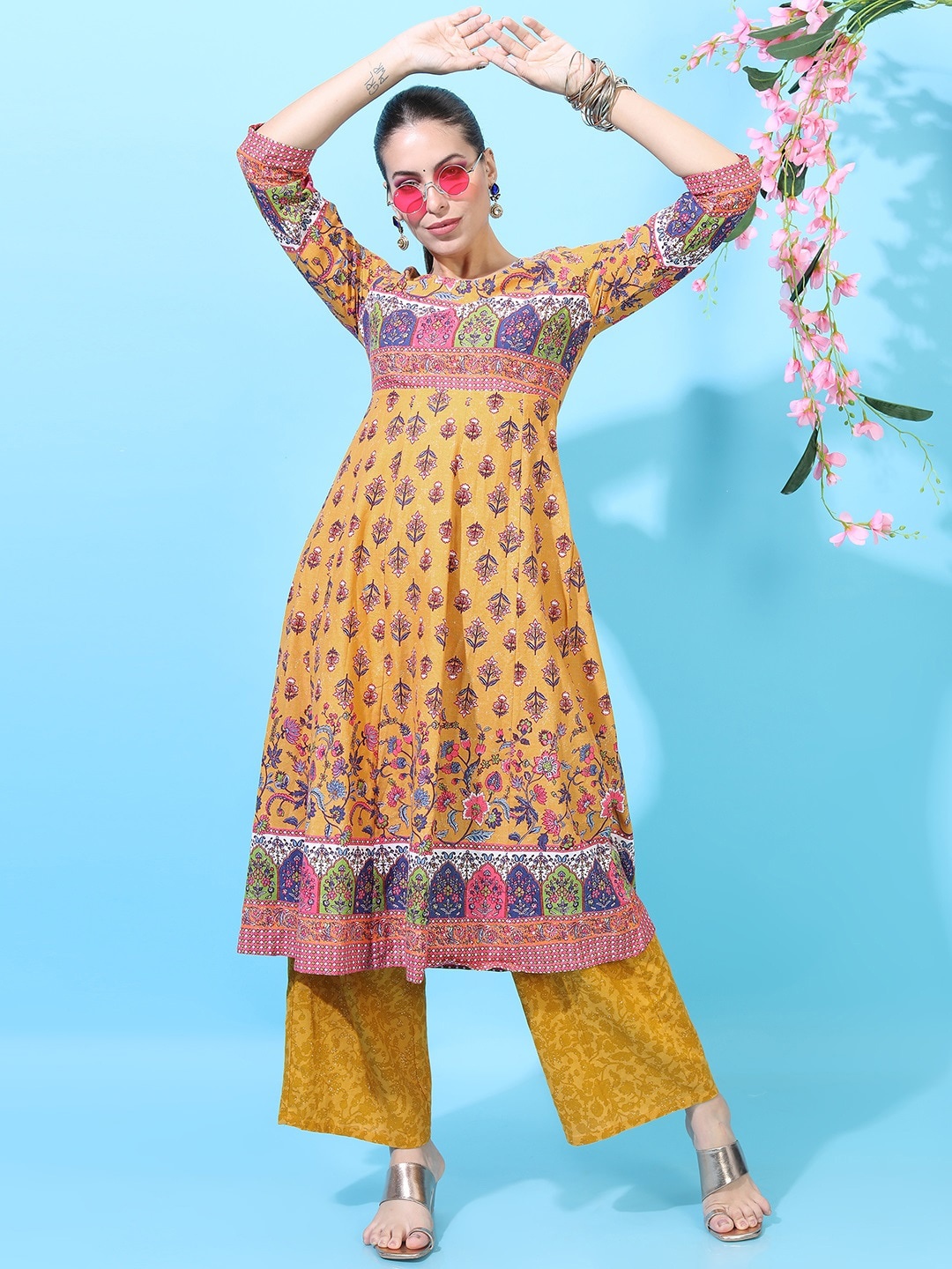 

Vishudh Women Mustard Yellow & Pink Floral Printed Anarkali Kurta