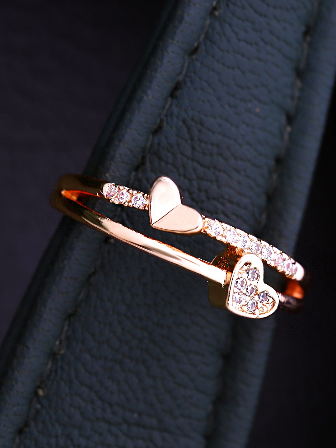 

Yellow Chimes Women Rose Gold-Plated Crystal-Studded Heart Shaped Adjustable Finger Ring