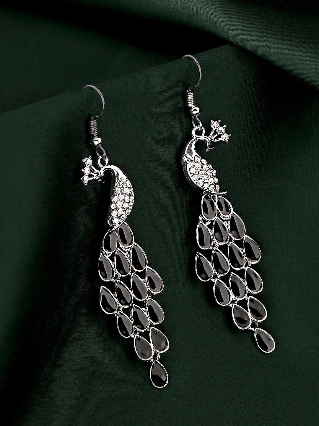 

Yellow Chimes Black & Silver-Plated Peacock Design Dangler Earring