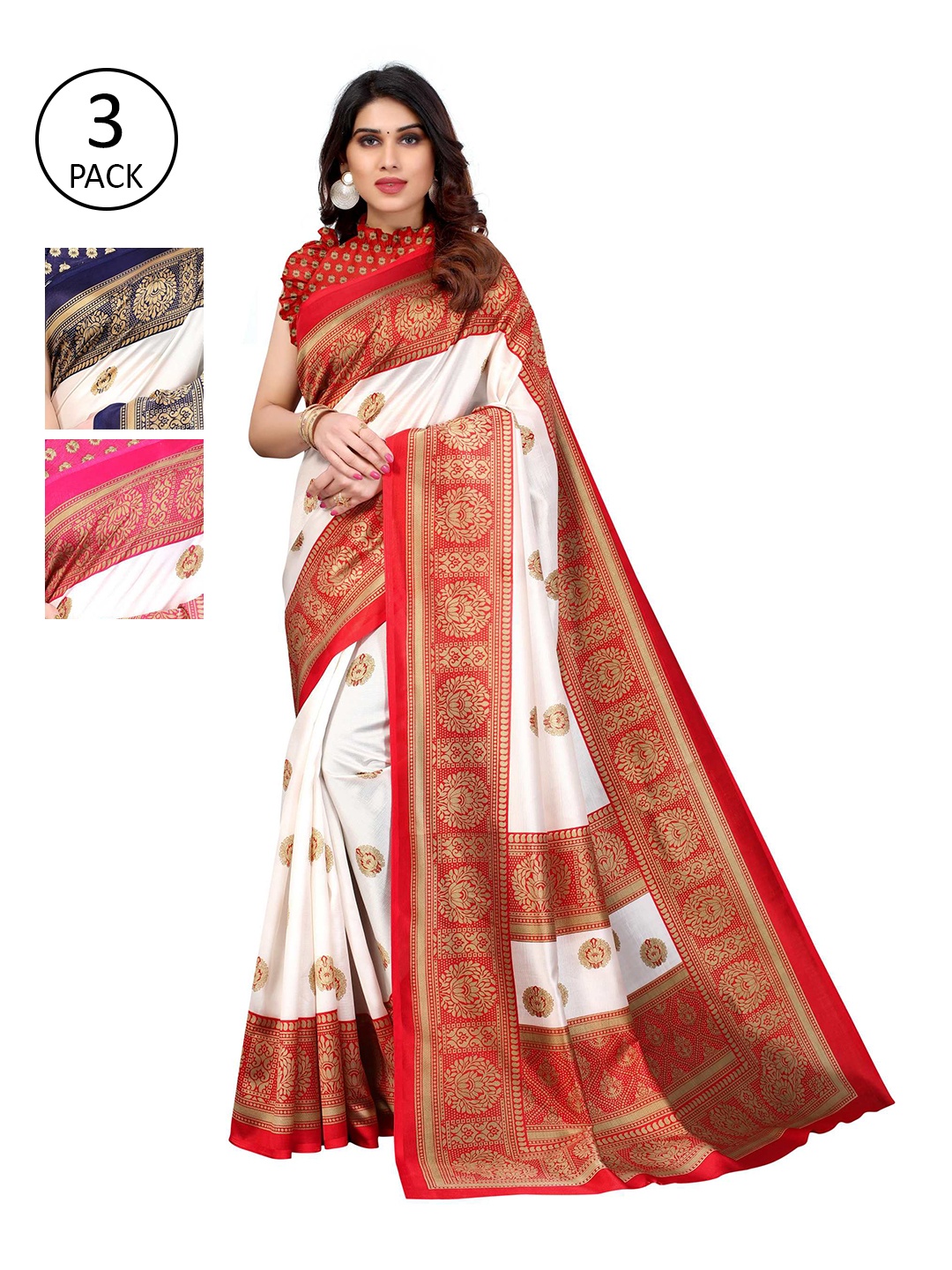 

AADVIKA Pack of 3 Pink & Blue & Red Ethnic Motifs Art Silk Mysore Silk Saree