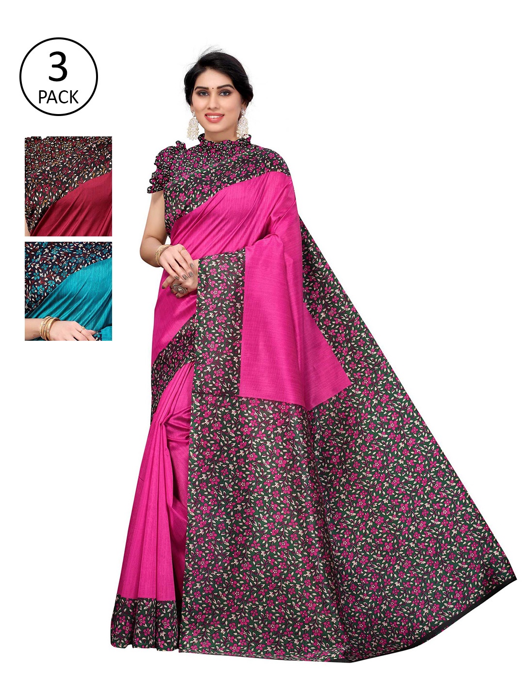 

AADVIKA Pack Of 3 Floral Mysore Silk Blend Saree, Pink