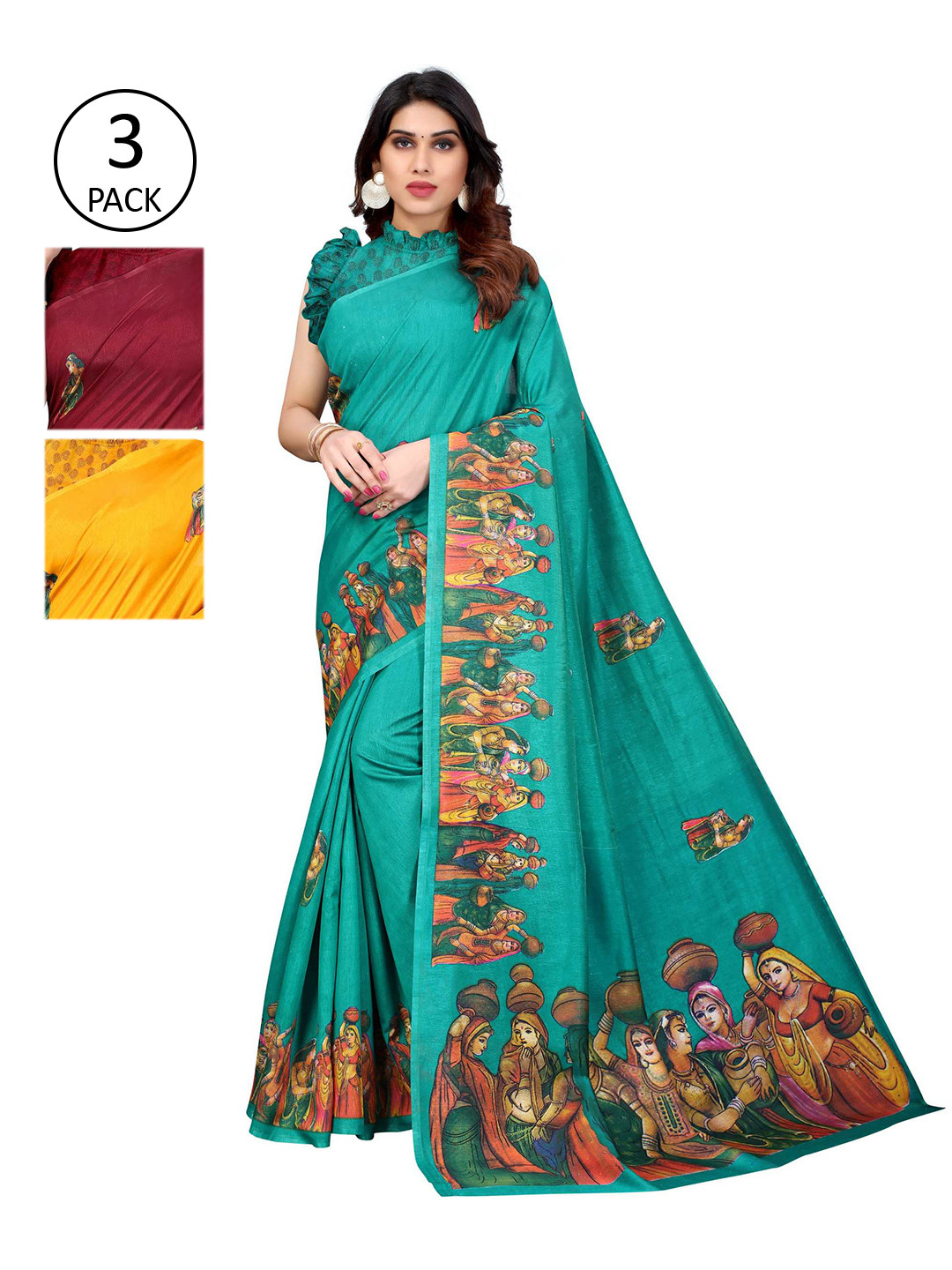 

AADVIKA Pack Of 3 Multicoloured Floral Mysore Art Silk Saree, Multi