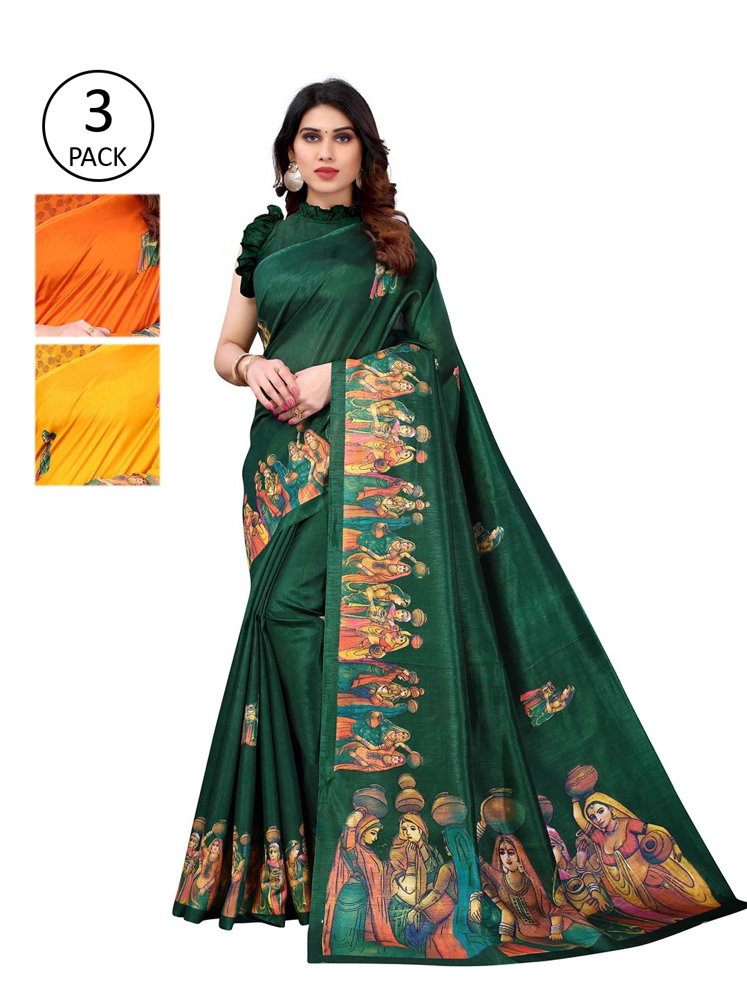 

AADVIKA Pack of 3 Orange & Green & Yellow Floral Mysore Silk Saree