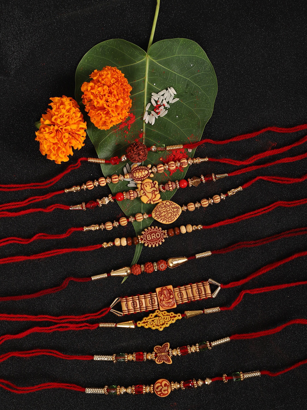 

YouBella Men Set Of 10 Red & Gold-Coloured Beaded Rakhi With Rolichawal