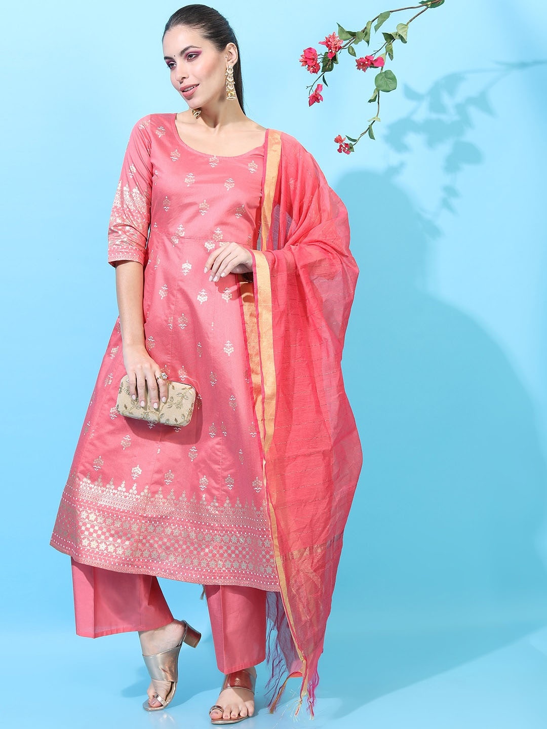

Vishudh Women Pink Printed A-Line Kurta With Palazzo And Dupatta