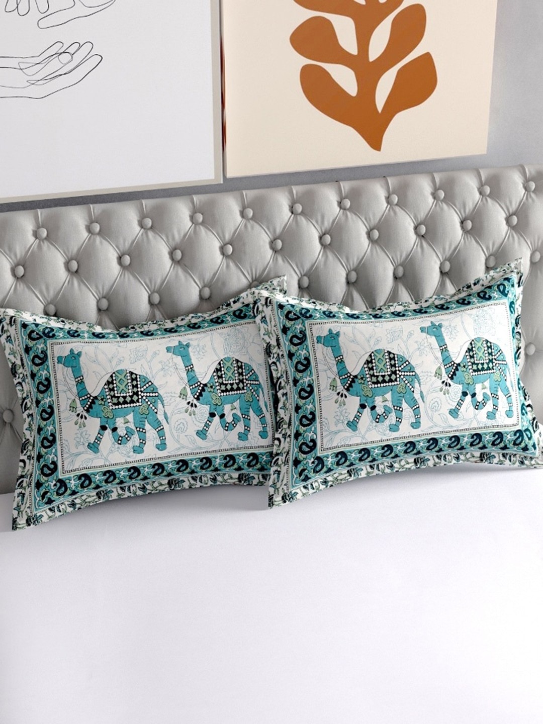 

Salona Bichona Set Of 2 Blue & White Printed 120 TC Pure Cotton Pillow Covers